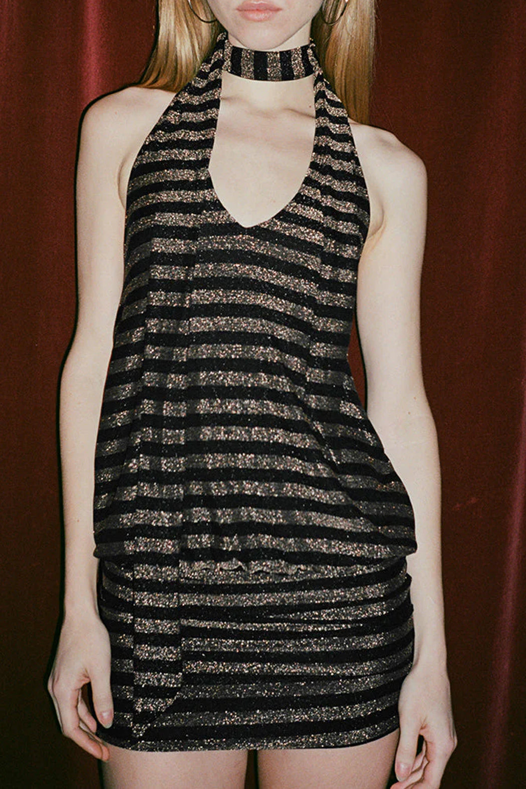 DAPHNIS BACKLESS HALTERNECK MINI DRESS - LUREX GOLD STRIPE  - VIA MOTEL ROCKS | Only €72 | NOW AVAILABLE TO SHOP at IAMINHATELOVE