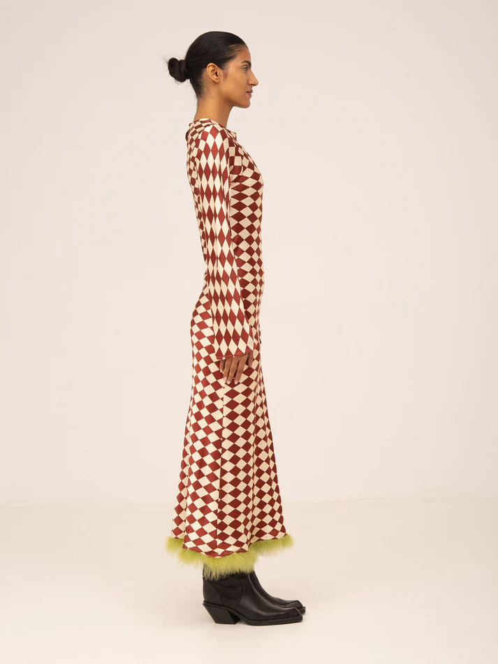 THE ELF DIAMOND PRINT RED FEATHER DRESS  - VIA CARMEN SAYS | Only €96 | NOW AVAILABLE TO SHOP at IAMINHATELOVE 