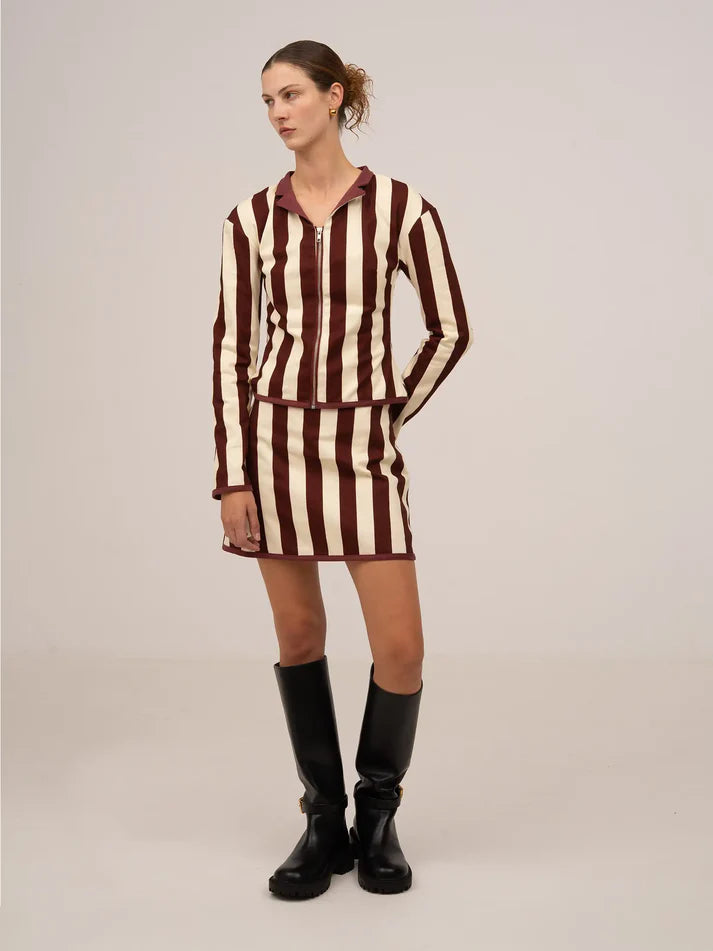 THE WHISTLE BURGUNDY STRIPED MINI SKIRT  - VIA CARMEN SAYS | Only €62 | NOW AVAILABLE TO SHOP at IAMINHATELOVE 