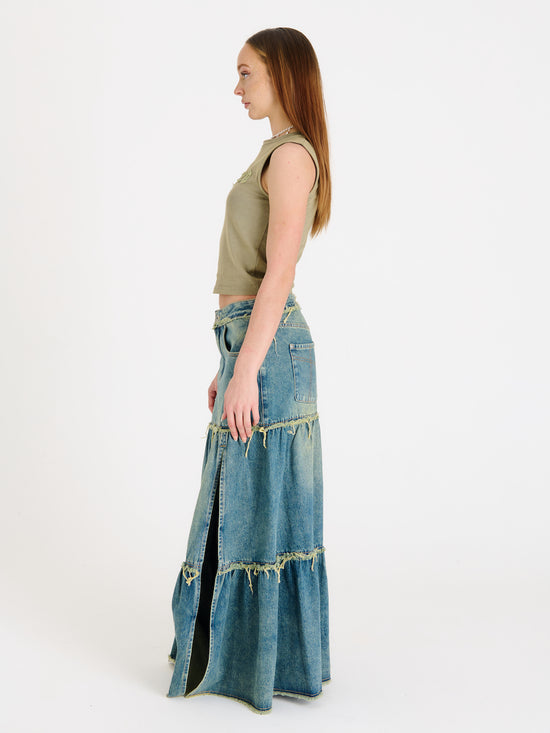 DIRTY WASHED TIERED MAXI DENIM SKIRT - EXCLUSIVE Denim from THE RAGGED PRIEST - Just €89! SHOP NOW AT IAMINHATELOVE BOTH IN STORE FOR CYPRUS AND ONLINE WORLDWIDE @ IAMINHATELOVE.COM