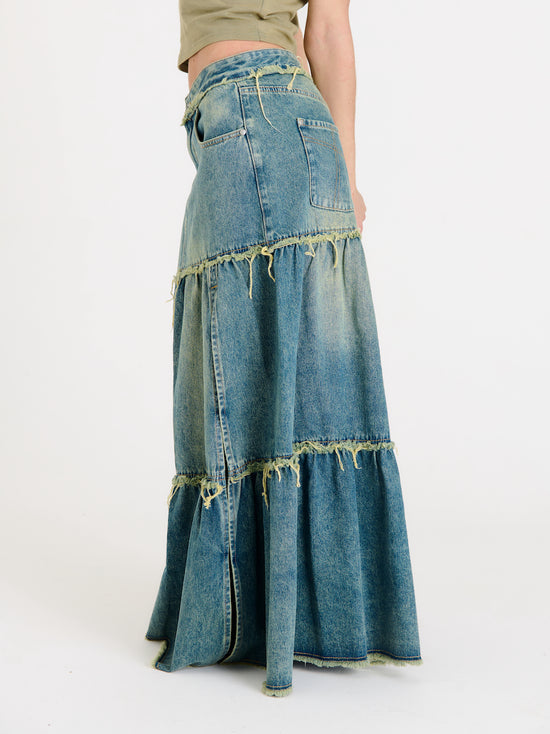 DIRTY WASHED TIERED MAXI DENIM SKIRT - EXCLUSIVE Denim from THE RAGGED PRIEST - Just €89! SHOP NOW AT IAMINHATELOVE BOTH IN STORE FOR CYPRUS AND ONLINE WORLDWIDE @ IAMINHATELOVE.COM