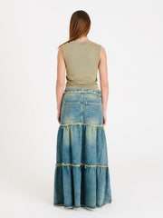 DIRTY WASHED TIERED MAXI DENIM SKIRT - EXCLUSIVE Denim from THE RAGGED PRIEST - Just €89! SHOP NOW AT IAMINHATELOVE BOTH IN STORE FOR CYPRUS AND ONLINE WORLDWIDE @ IAMINHATELOVE.COM