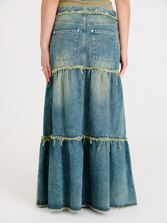 DIRTY WASHED TIERED MAXI DENIM SKIRT - EXCLUSIVE Denim from THE RAGGED PRIEST - Just €89! SHOP NOW AT IAMINHATELOVE BOTH IN STORE FOR CYPRUS AND ONLINE WORLDWIDE @ IAMINHATELOVE.COM