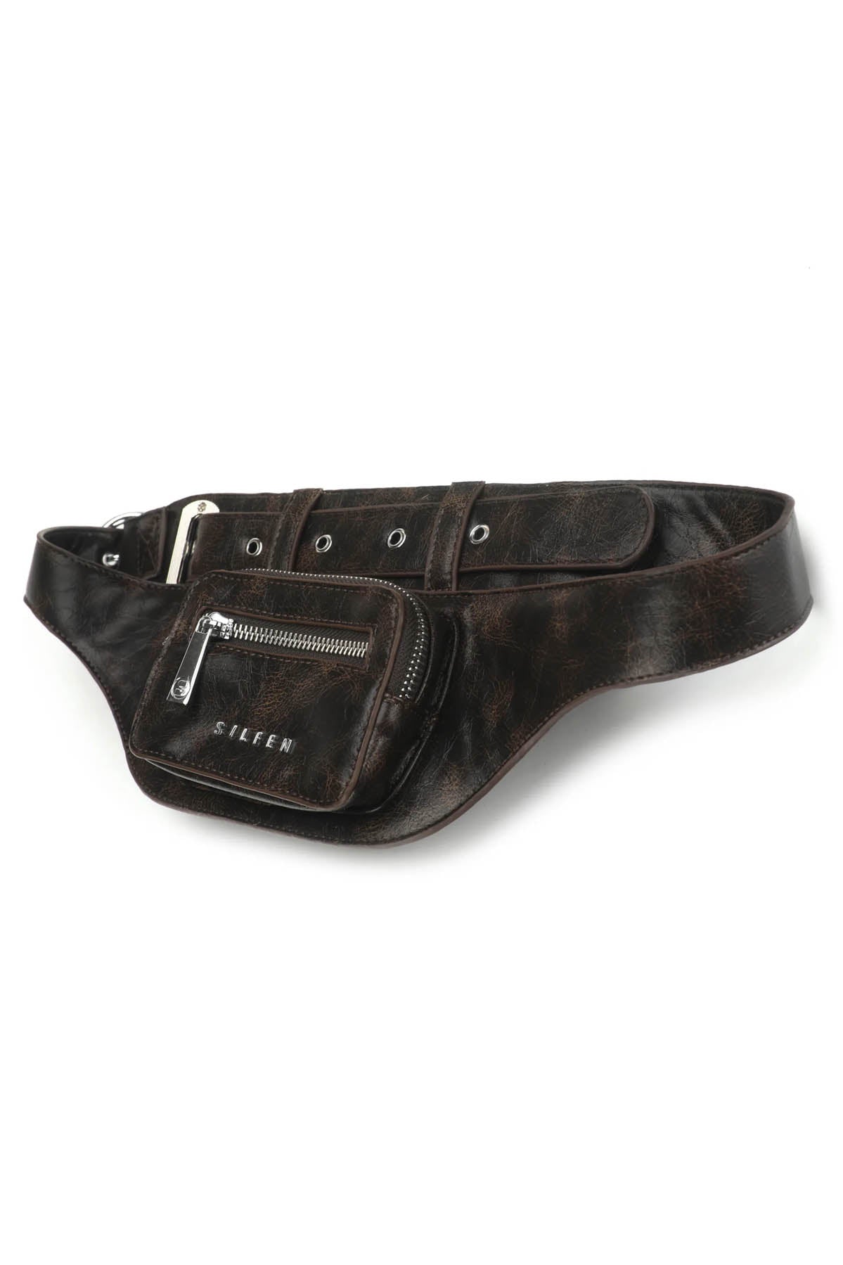 THE ELIZA FESTIVAL BELT IN DISTRESSED VEGAN LEATHER - CRACKED BROWN  - VIA SILFEN | Only €69.99 | NOW AVAILABLE TO SHOP at IAMINHATELOVE