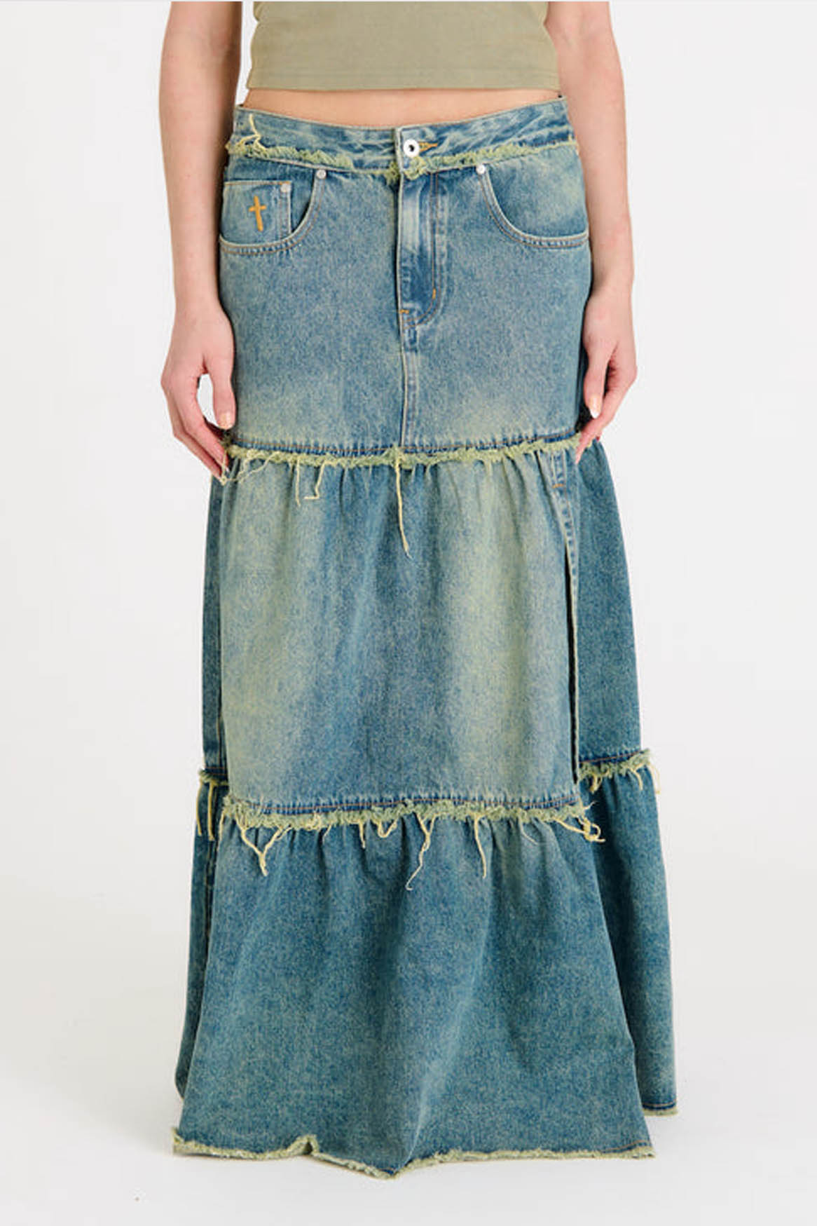 DIRTY WASHED TIERED MAXI DENIM SKIRT - EXCLUSIVE Denim from THE RAGGED PRIEST - Just €89! SHOP NOW AT IAMINHATELOVE BOTH IN STORE FOR CYPRUS AND ONLINE WORLDWIDE @ IAMINHATELOVE.COM