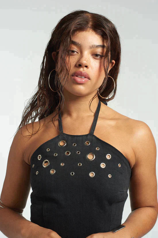 COYOTE RIVET DENIM MINI HALTER NECK DRESS - EXCLUSIVE Dresses from THE RAGGED PRIEST - Just $71.00! SHOP NOW AT IAMINHATELOVE BOTH IN STORE FOR CYPRUS AND ONLINE WORLDWIDE
