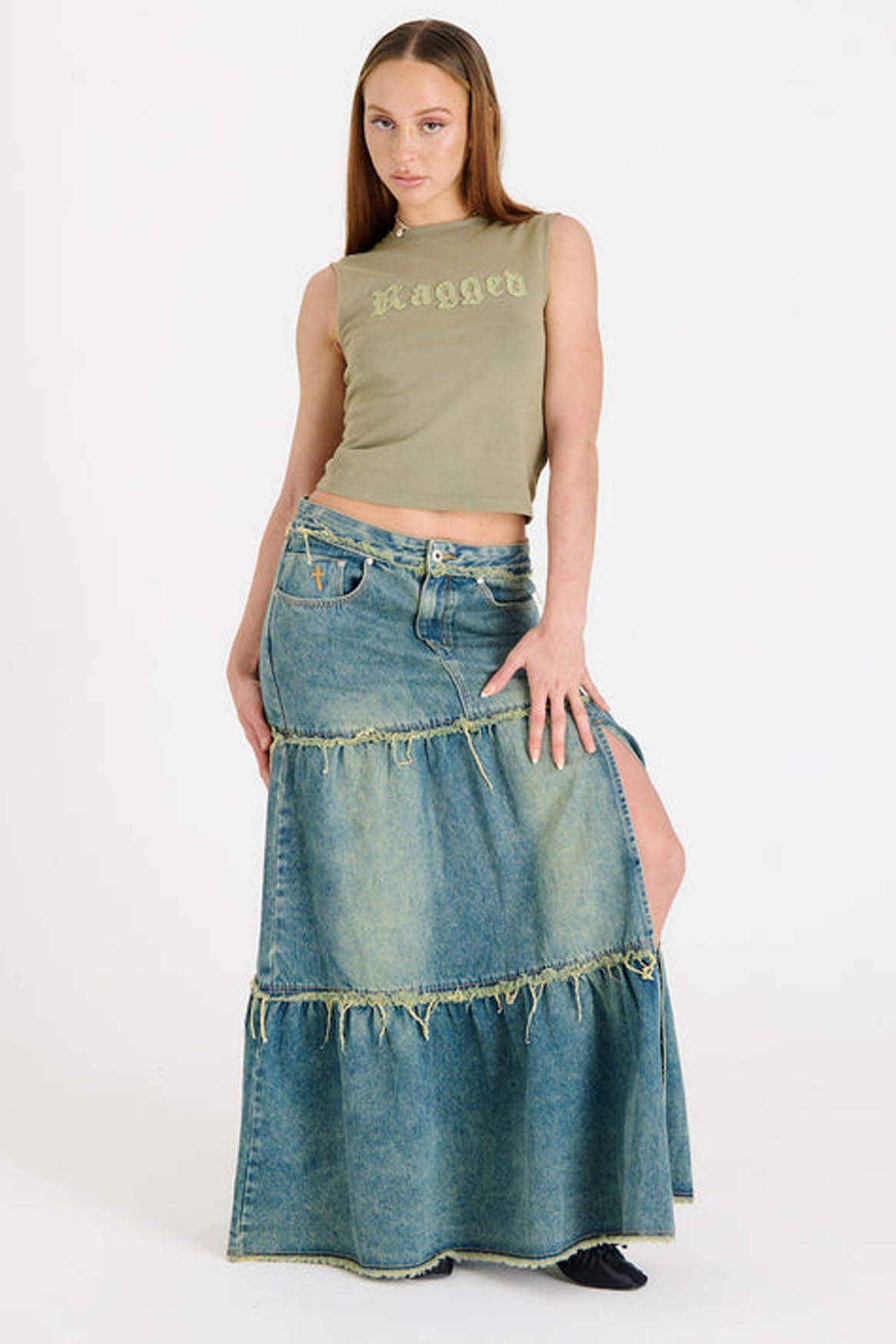 DIRTY WASHED TIERED MAXI DENIM SKIRT - EXCLUSIVE Denim from THE RAGGED PRIEST - Just €89! SHOP NOW AT IAMINHATELOVE BOTH IN STORE FOR CYPRUS AND ONLINE WORLDWIDE @ IAMINHATELOVE.COM