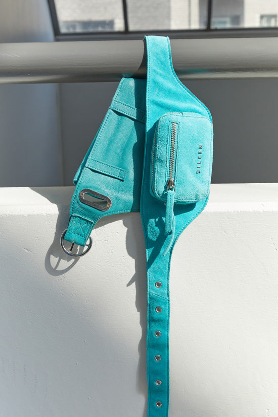 THE ELIZA FESTIVAL BELT IN GENUINE SUEDE LEATHER - TURQUOISE  - VIA SILFEN | Only €99 | NOW AVAILABLE TO SHOP at IAMINHATELOVE 