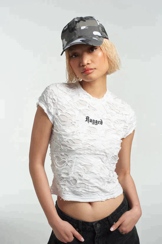 THE WHITE SHREDDED BABY TEE - EXCLUSIVE Tops from THE RAGGED PRIEST - Just $44.00! SHOP NOW AT IAMINHATELOVE BOTH IN STORE FOR CYPRUS AND ONLINE WORLDWIDE