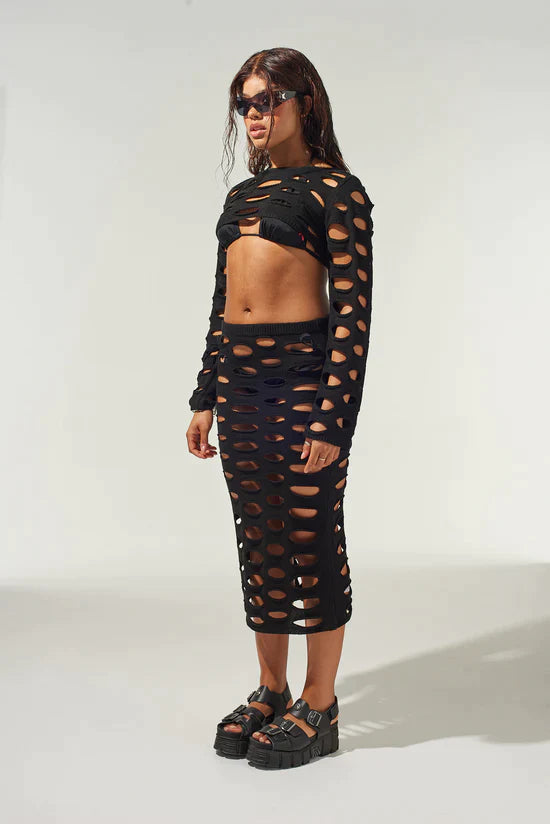 NIGHTFALL OPEN KNIT MIDI SKIRT - EXCLUSIVE Skirts from THE RAGGED PRIEST - Just $49.00! SHOP NOW AT IAMINHATELOVE BOTH IN STORE FOR CYPRUS AND ONLINE WORLDWIDE