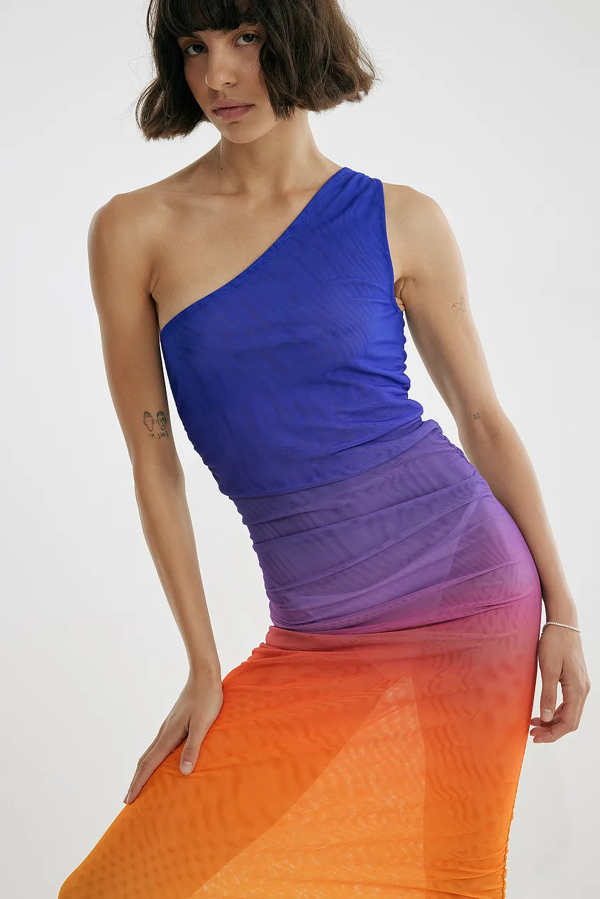 ONE SHOULDER MAXI MESH DRESS - SUNSET HUE  - VIA NA-KD | Only €62 | NOW AVAILABLE TO SHOP at IAMINHATELOVE