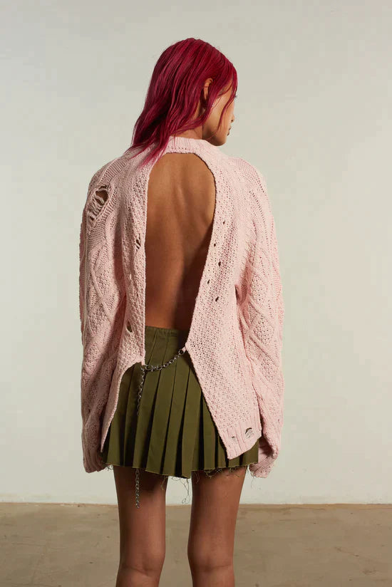 DISTRESSED CABLE KNIT W/ AN OPEN BACK - PINK  - VIA THE RAGGED PRIEST | Only €79 | NOW AVAILABLE TO SHOP at IAMINHATELOVE