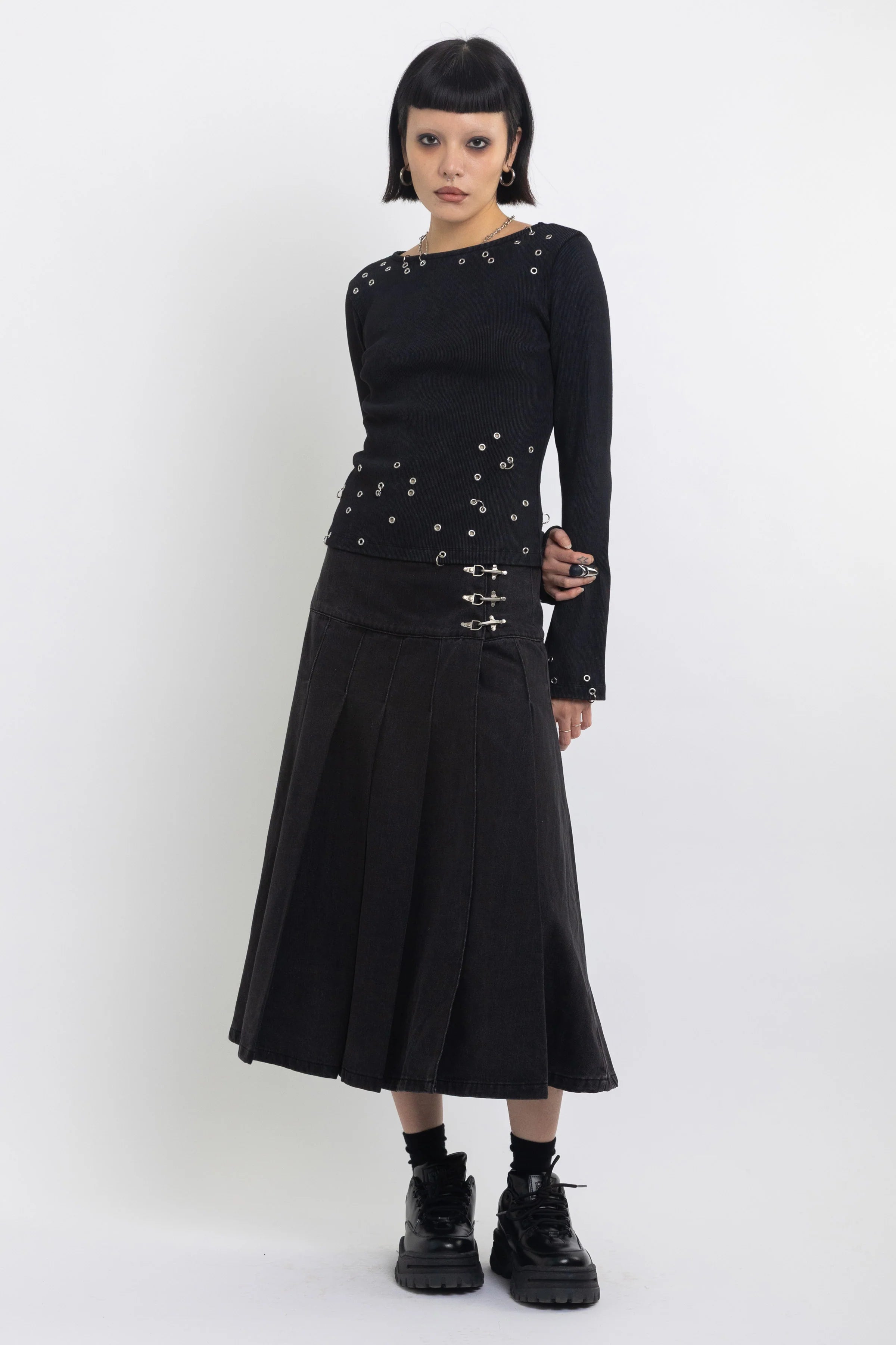 THE AFFINITY BLACK DENIM PLEATED MIDI SKIRT  - VIA THE RAGGED PRIEST | Only €108 | NOW AVAILABLE TO SHOP at IAMINHATELOVE 