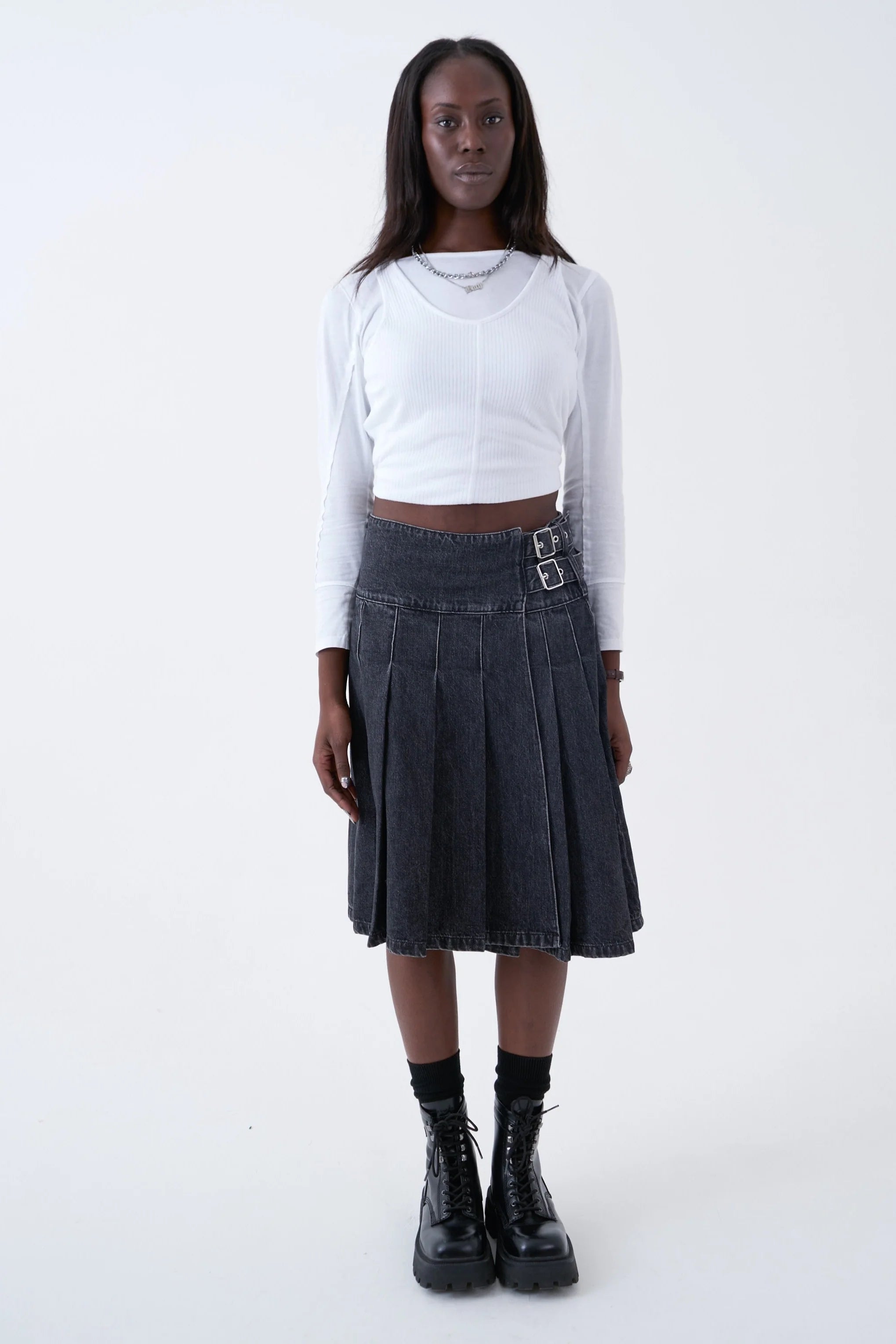 THE AGYNESS KILT DENIM MIDI SKIRT  - VIA THE RAGGED PRIEST | Only €94 | NOW AVAILABLE TO SHOP at IAMINHATELOVE 
