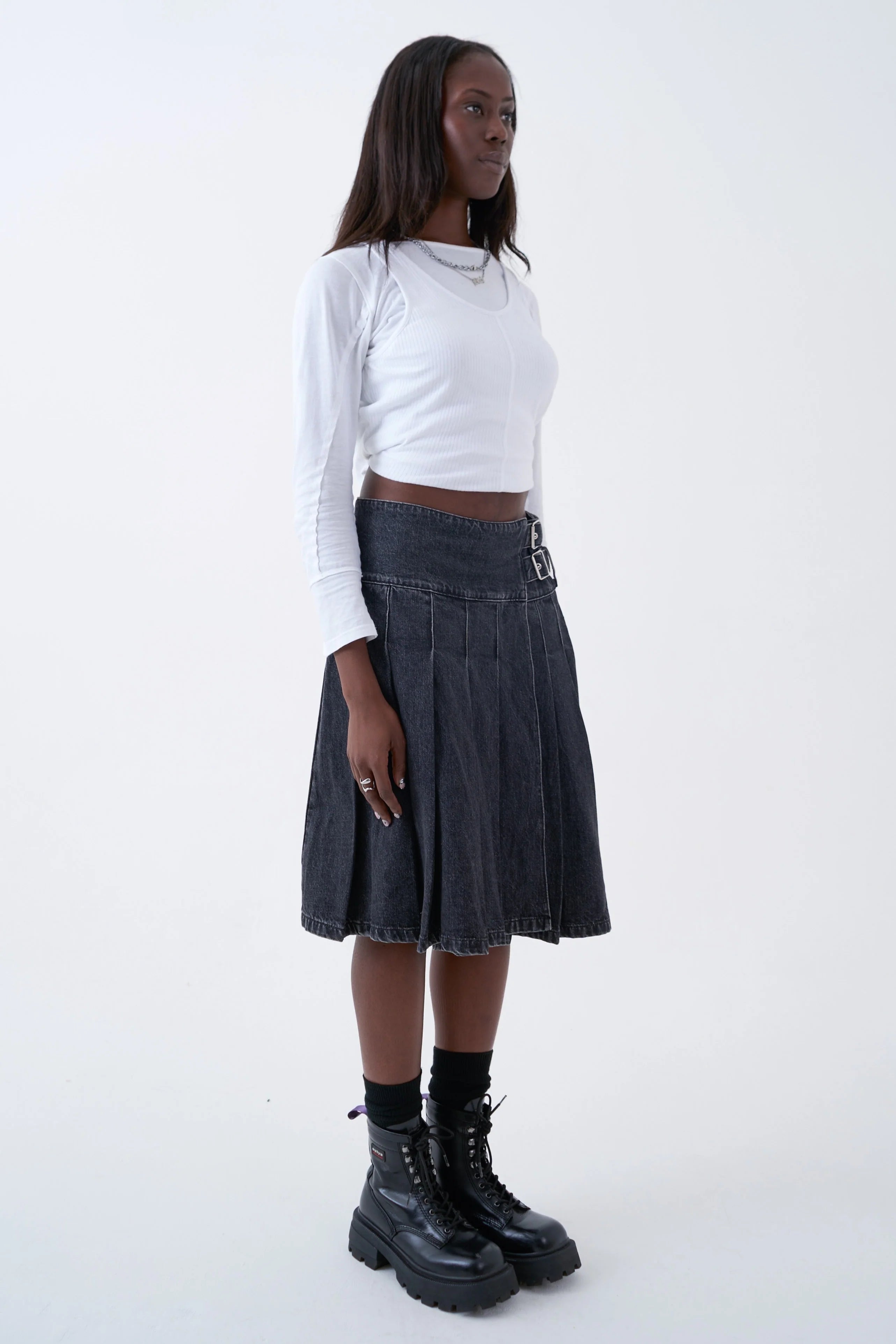 THE AGYNESS KILT DENIM MIDI SKIRT  - VIA THE RAGGED PRIEST | Only €94 | NOW AVAILABLE TO SHOP at IAMINHATELOVE 