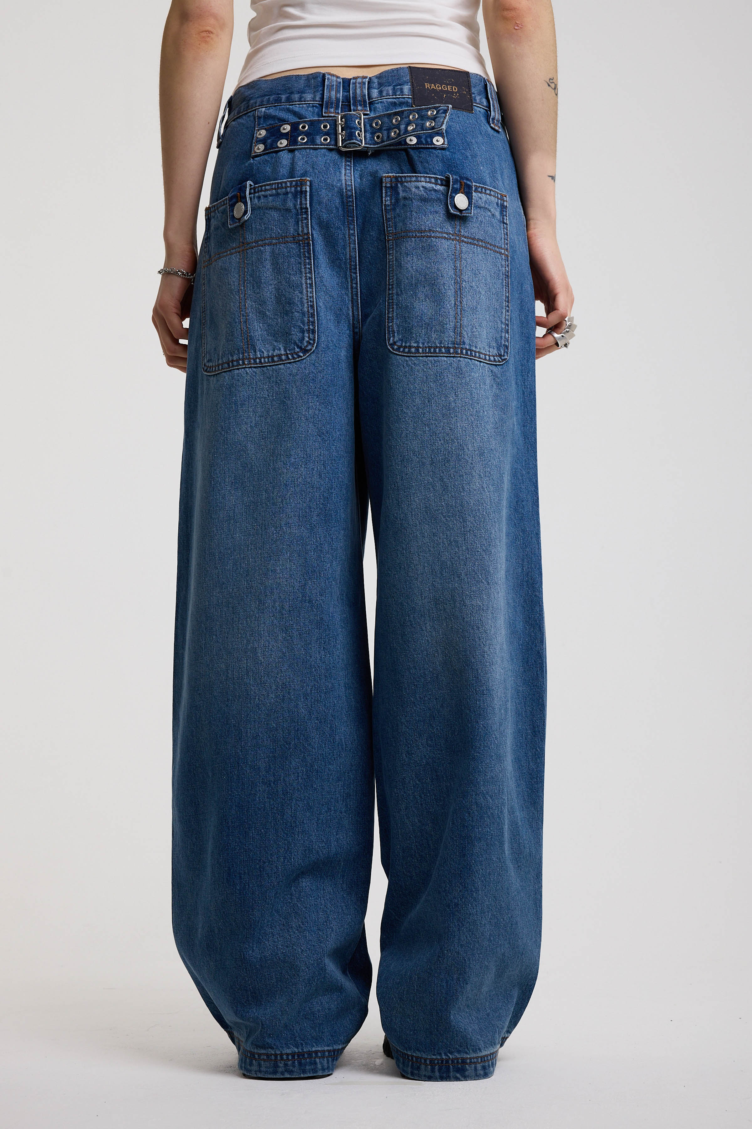 THE BOUND BAGGY CINCH HARDWARE JEANS IN MID BLUE WASH  - VIA THE RAGGED PRIEST | Only €103 | NOW AVAILABLE TO SHOP at IAMINHATELOVE 