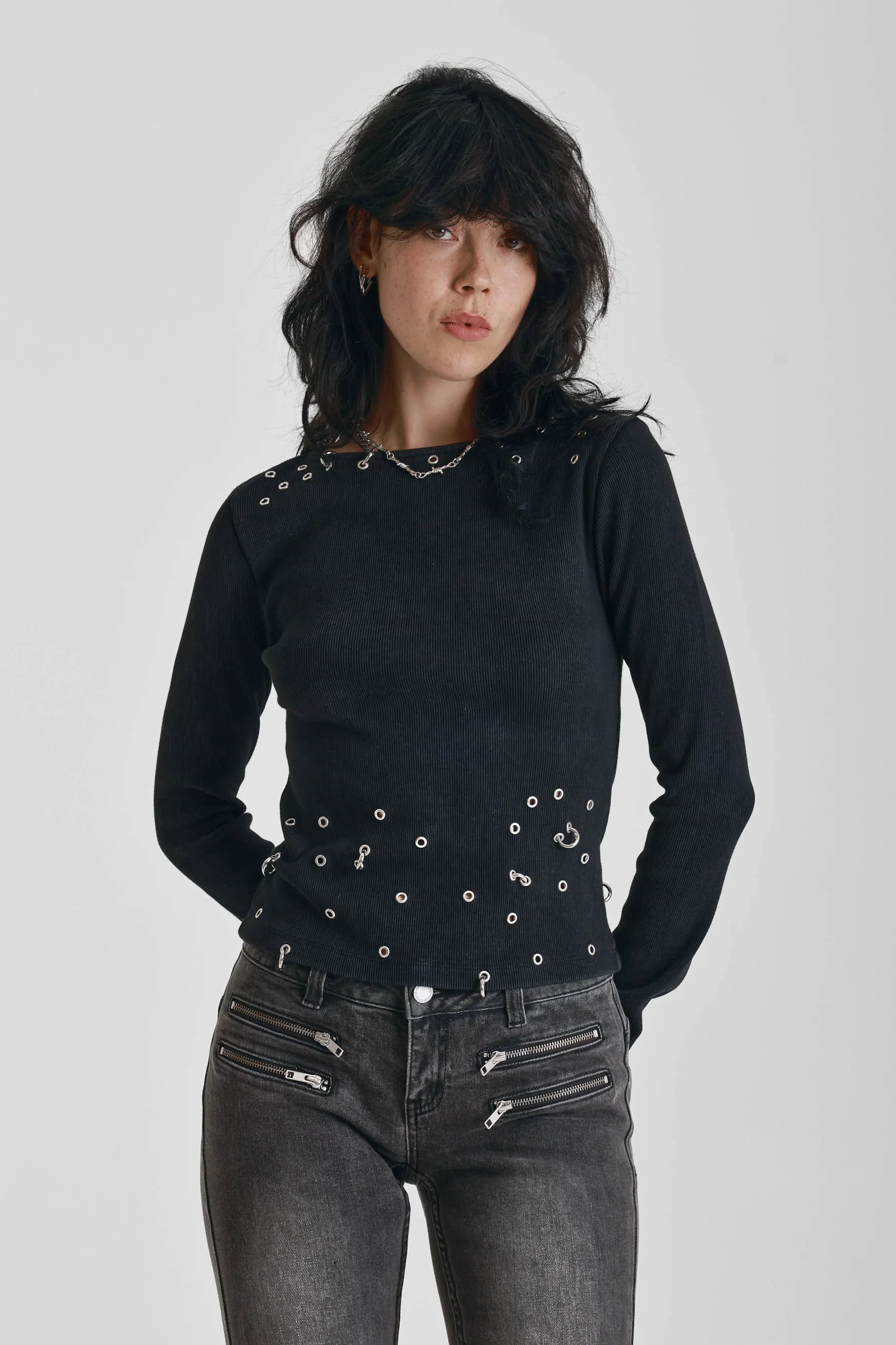 THE CLUSTER BLACK PIERCED LONG SLEEVE TOP  - VIA THE RAGGED PRIEST | Only €75 | NOW AVAILABLE TO SHOP at IAMINHATELOVE 