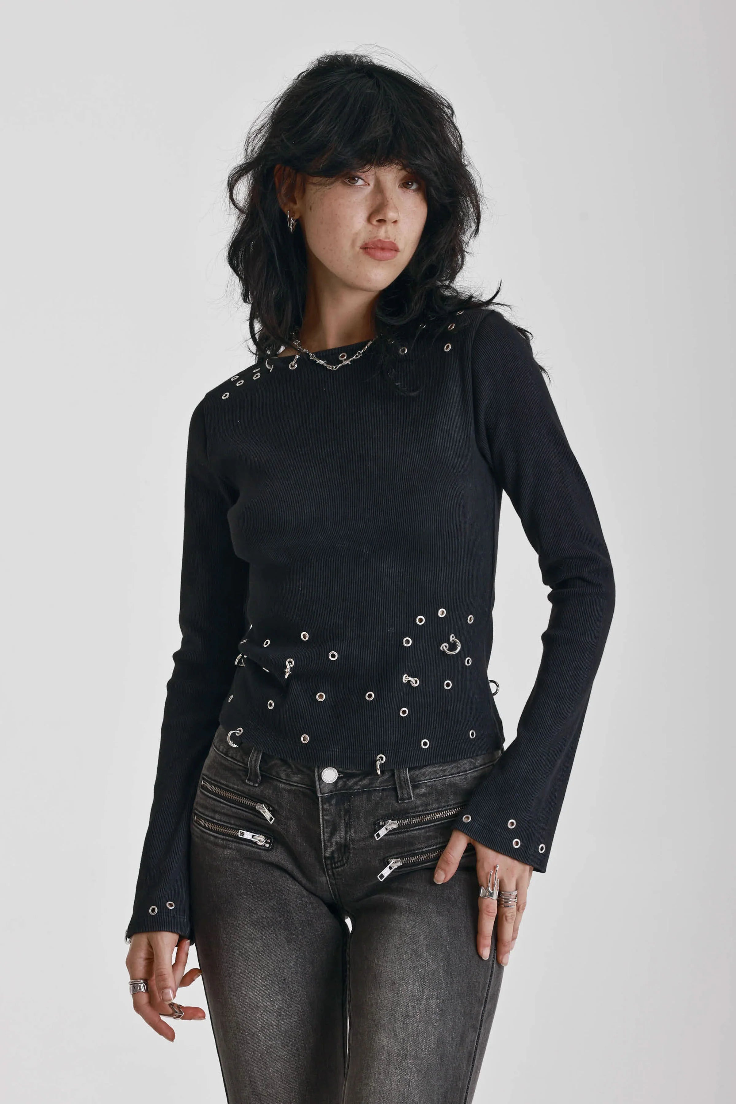THE CLUSTER BLACK PIERCED LONG SLEEVE TOP  - VIA THE RAGGED PRIEST | Only €75 | NOW AVAILABLE TO SHOP at IAMINHATELOVE 