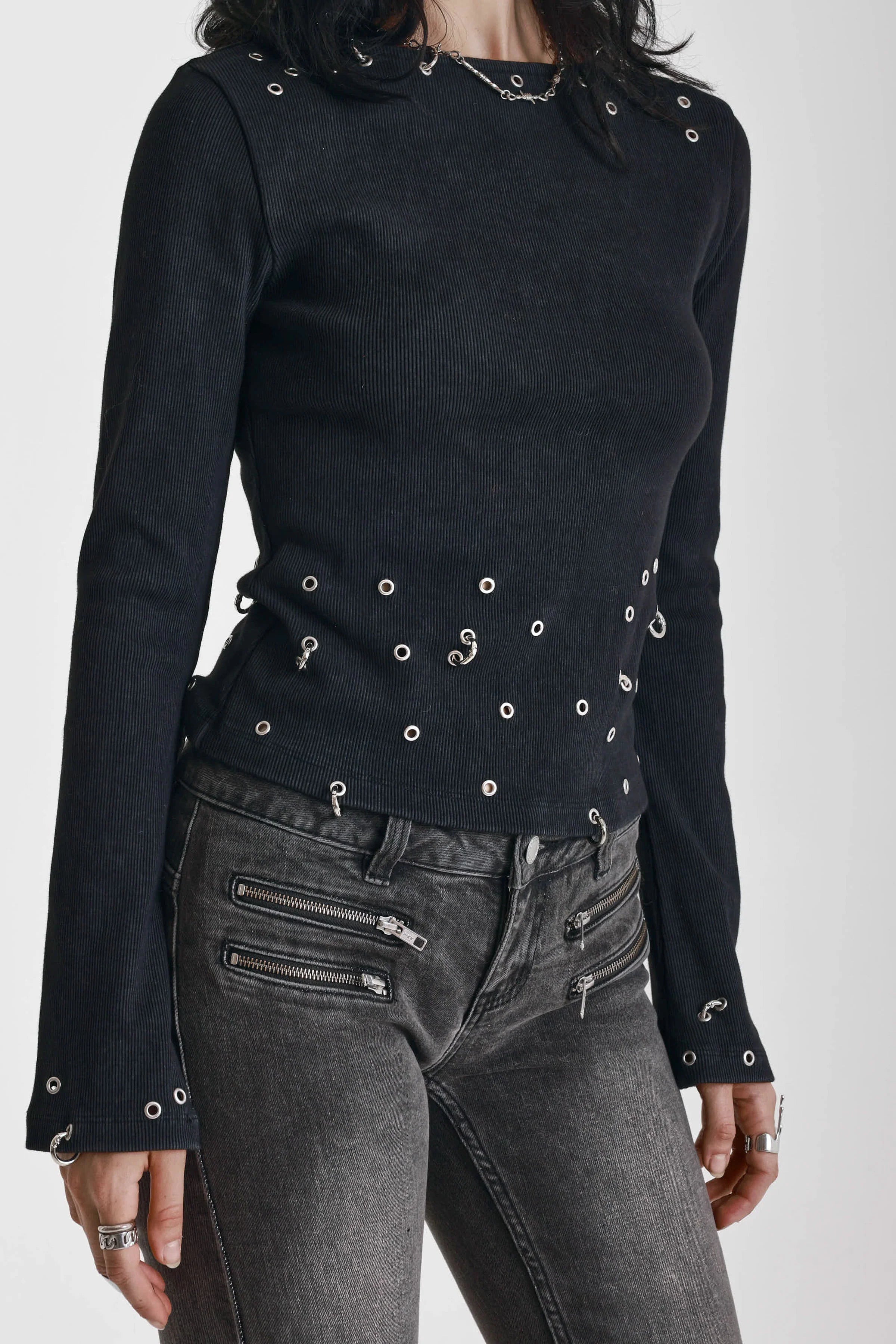 THE CLUSTER BLACK PIERCED LONG SLEEVE TOP  - VIA THE RAGGED PRIEST | Only €75 | NOW AVAILABLE TO SHOP at IAMINHATELOVE 