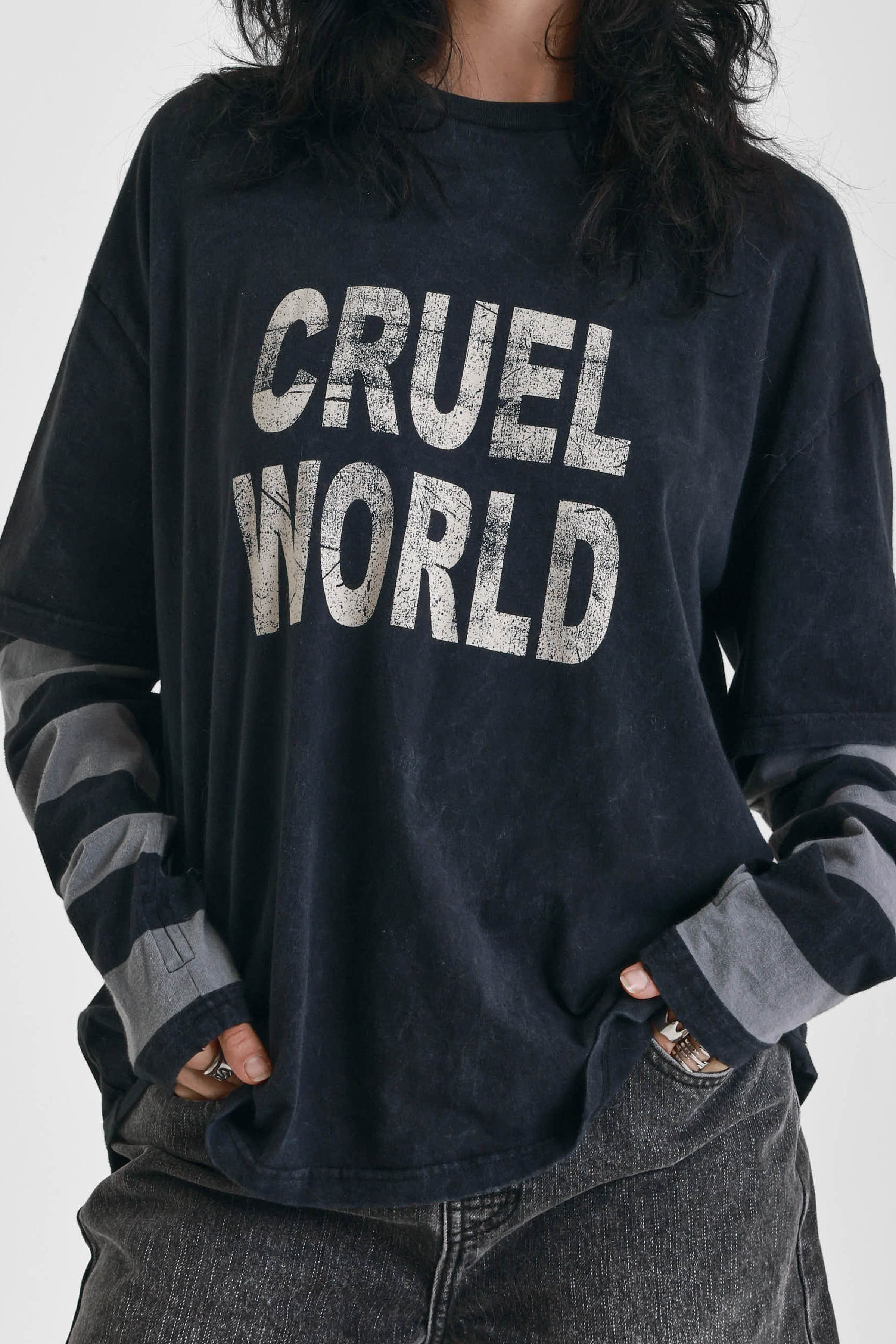 THE CRUEL WORLD LONG SLEEVE GRAPHIC T-SHIRT  - VIA THE RAGGED PRIEST | Only €51 | NOW AVAILABLE TO SHOP at IAMINHATELOVE 