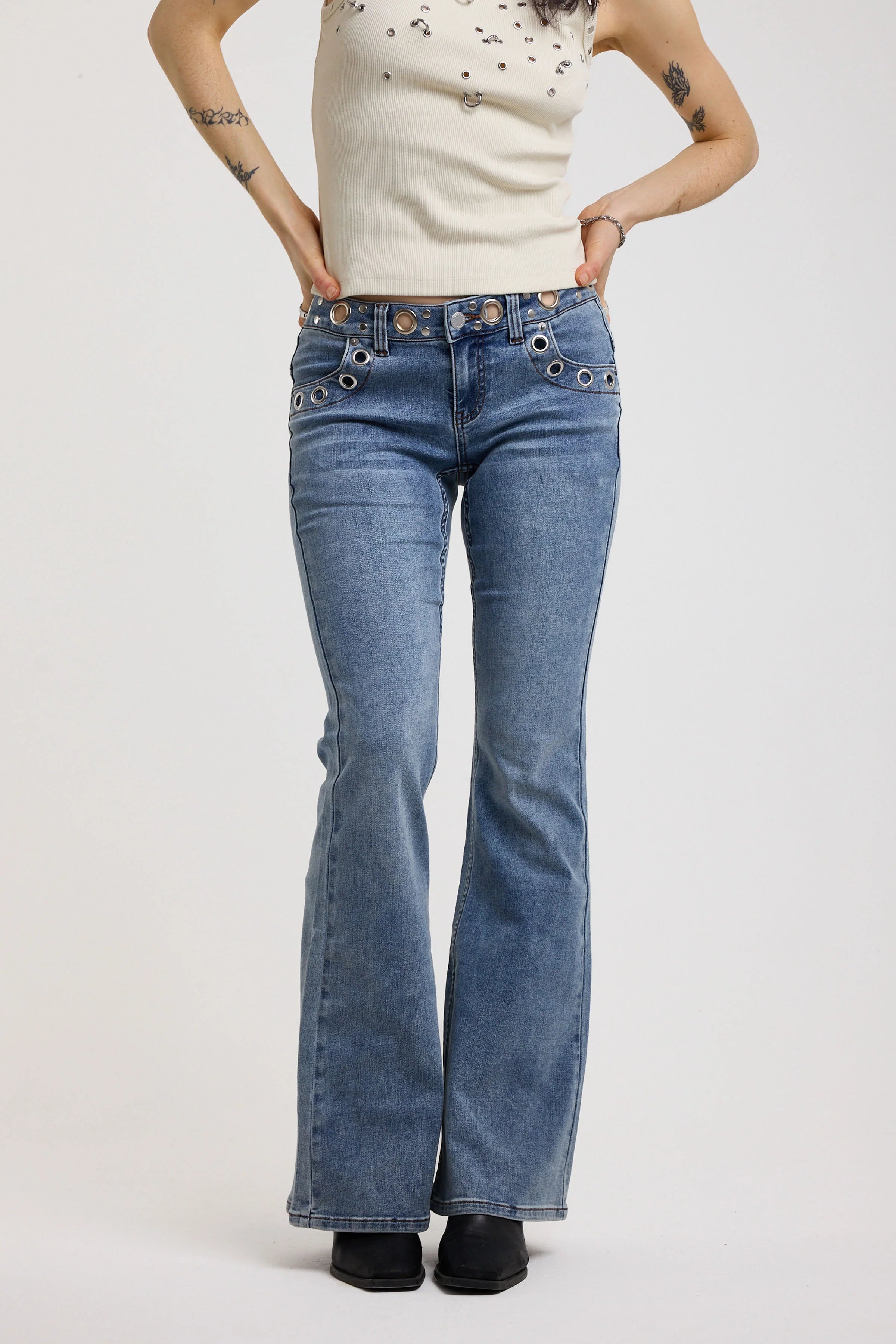 THE GRADE MID BLUE LOW RISE EYELET FLARE JEANS IN CLASSIC DENIM  - VIA THE RAGGED PRIEST | Only €99 | NOW AVAILABLE TO SHOP at IAMINHATELOVE 