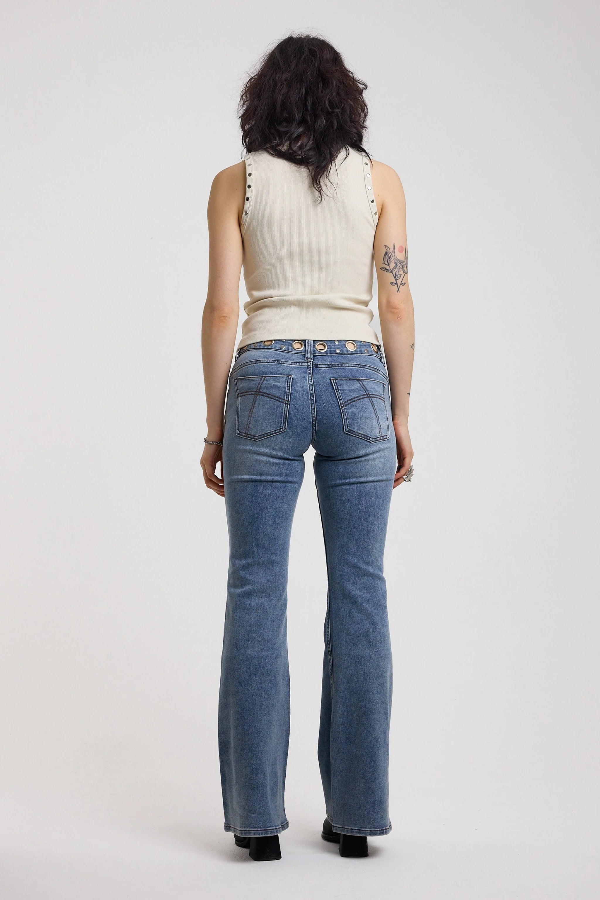 THE GRADE MID BLUE LOW RISE EYELET FLARE JEANS IN CLASSIC DENIM  - VIA THE RAGGED PRIEST | Only €99 | NOW AVAILABLE TO SHOP at IAMINHATELOVE 