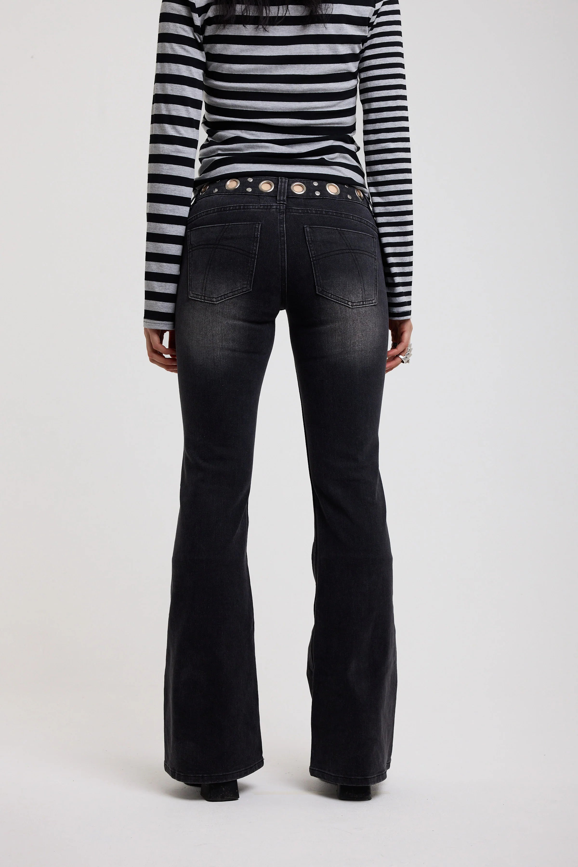 THE GRADE BLACK LOW RISE EYELET FLARE JEANS IN CHARCOAL  - VIA THE RAGGED PRIEST | Only €99 | NOW AVAILABLE TO SHOP at IAMINHATELOVE 