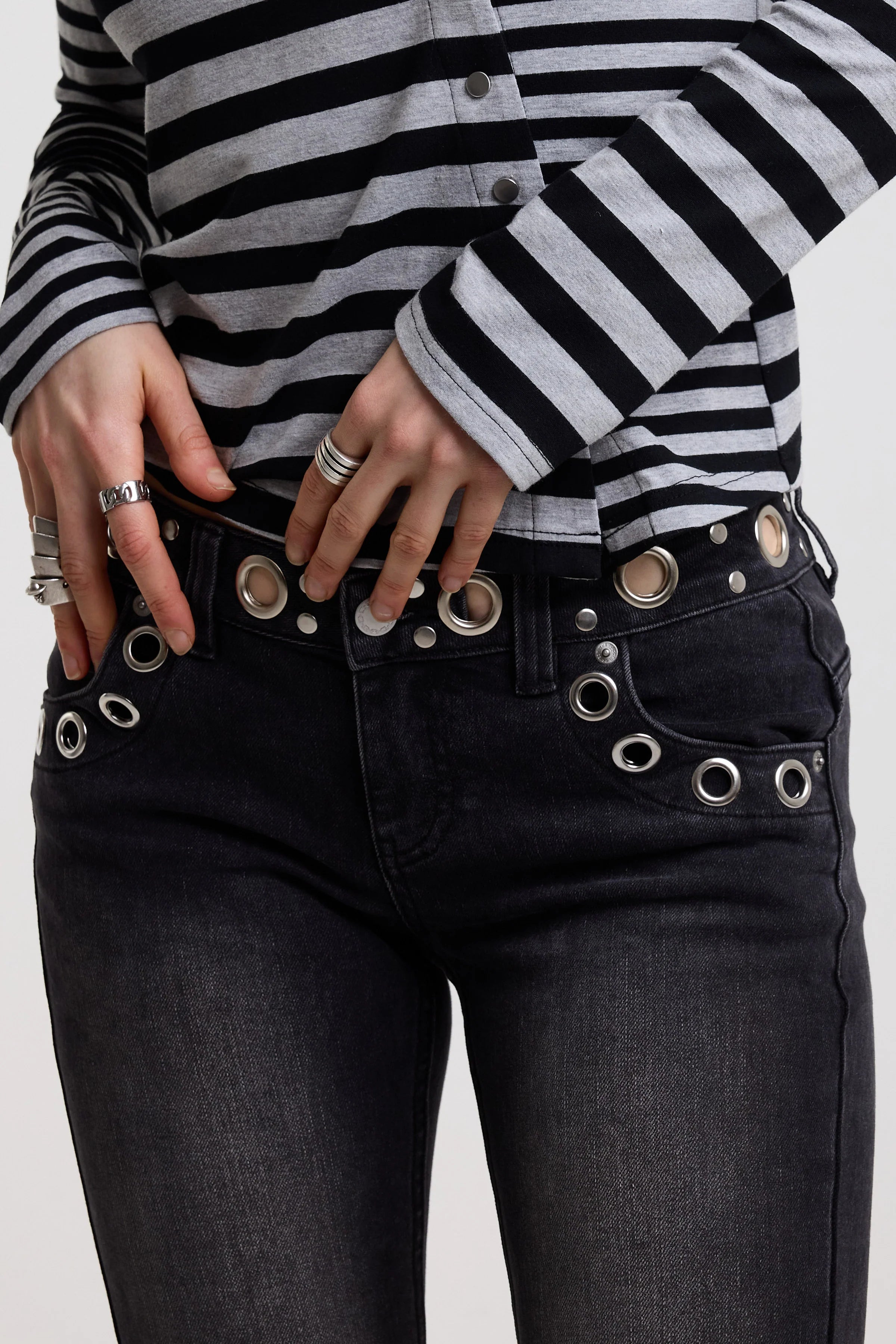 THE GRADE BLACK LOW RISE EYELET FLARE JEANS IN CHARCOAL  - VIA THE RAGGED PRIEST | Only €99 | NOW AVAILABLE TO SHOP at IAMINHATELOVE 