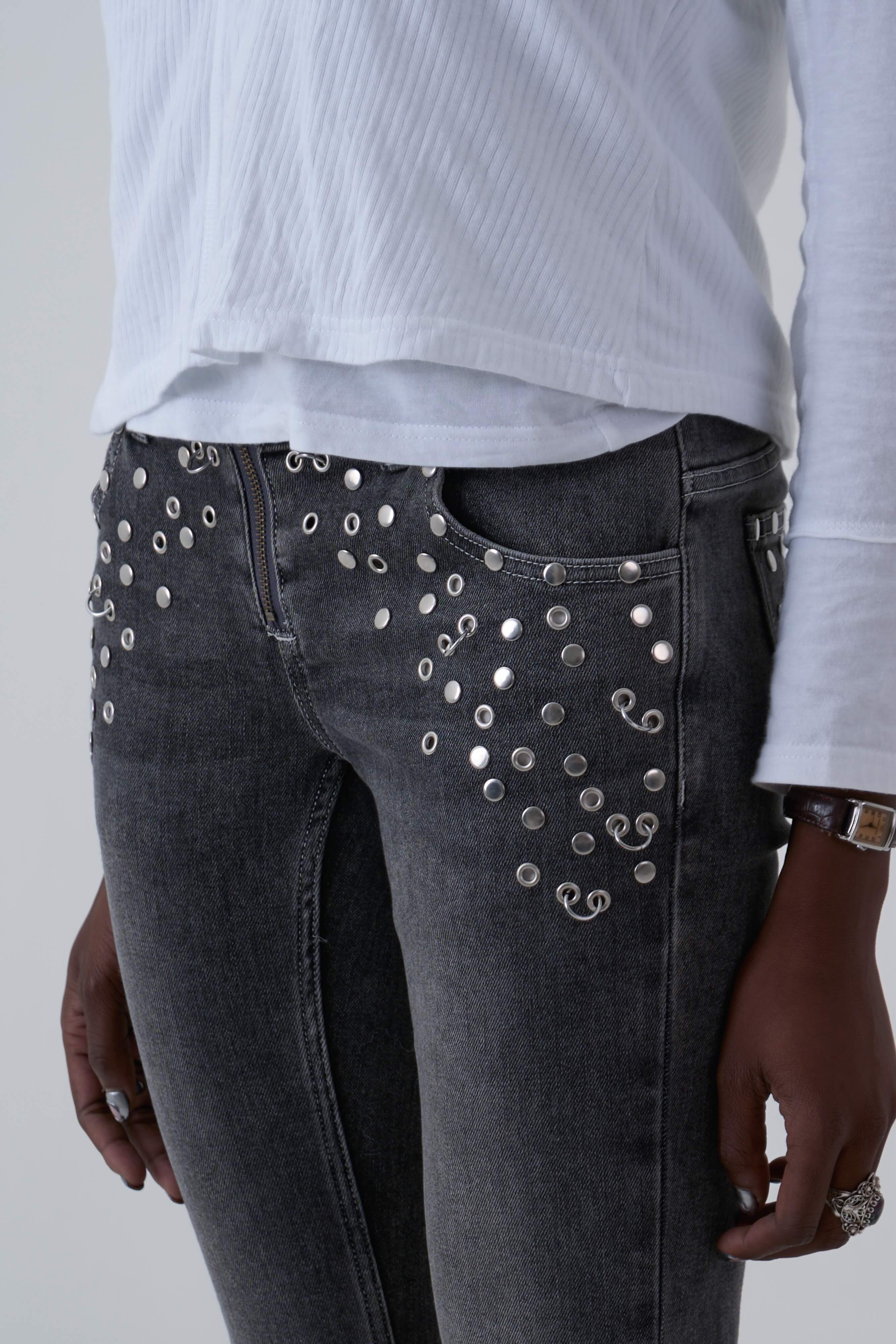 THE LOCKET GREY STUDDED BOOTCUT FLARE DENIM  - VIA THE RAGGED PRIEST | Only €99 | NOW AVAILABLE TO SHOP at IAMINHATELOVE 