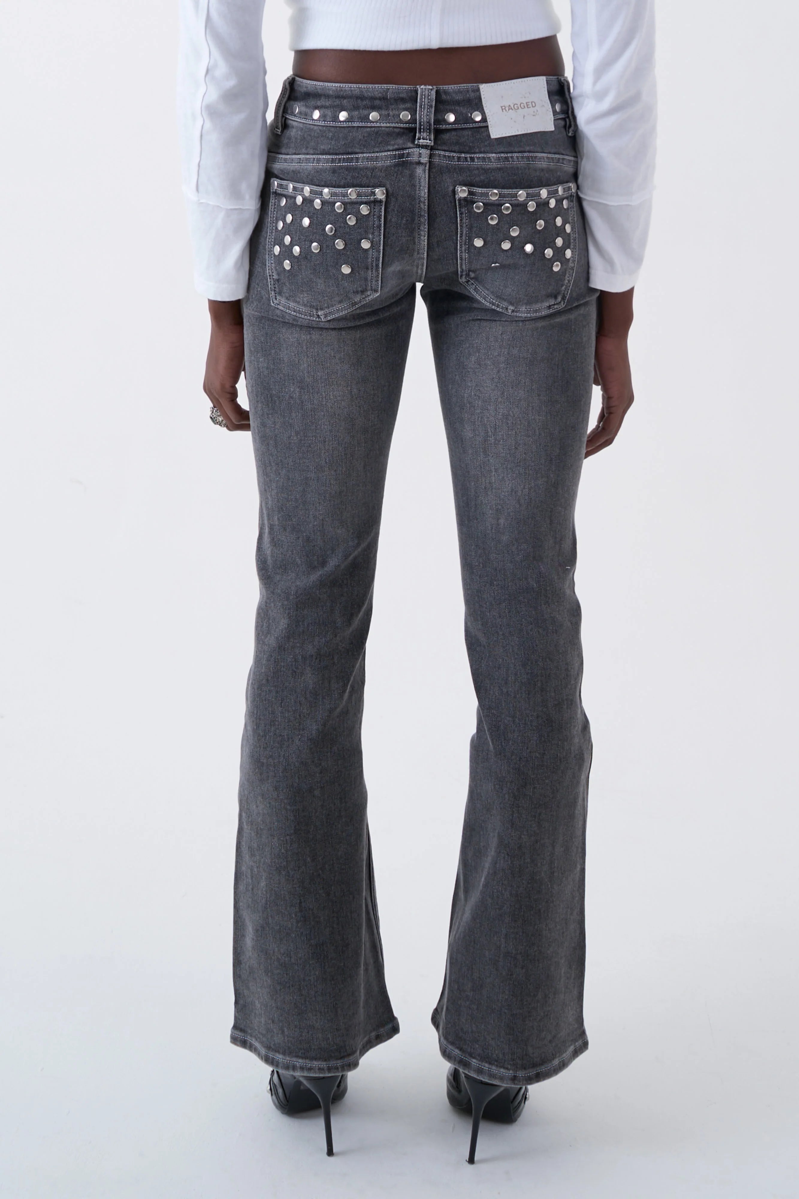 THE LOCKET GREY STUDDED BOOTCUT FLARE DENIM  - VIA THE RAGGED PRIEST | Only €99 | NOW AVAILABLE TO SHOP at IAMINHATELOVE 