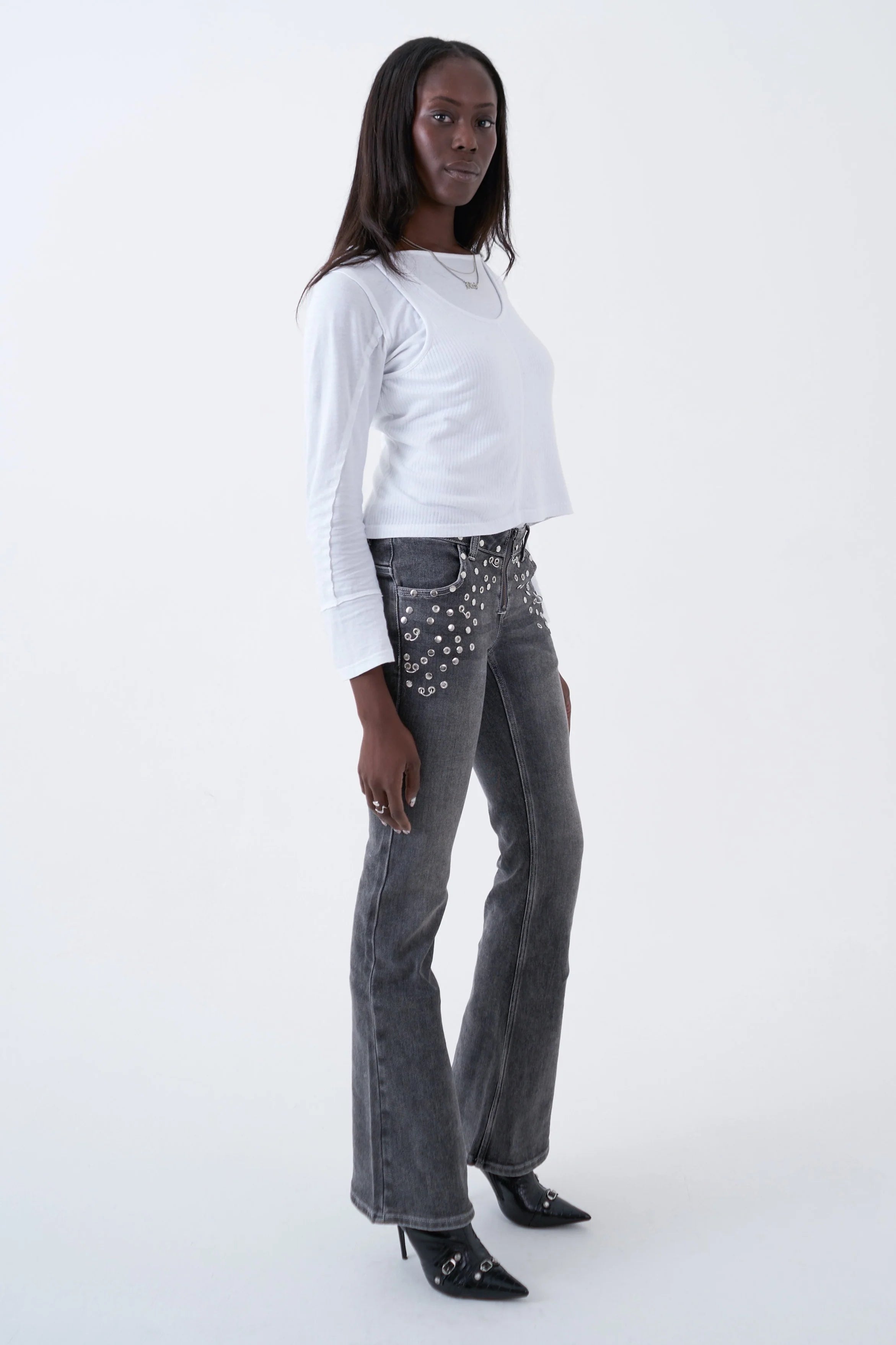 THE LOCKET GREY STUDDED BOOTCUT FLARE DENIM  - VIA THE RAGGED PRIEST | Only €99 | NOW AVAILABLE TO SHOP at IAMINHATELOVE 