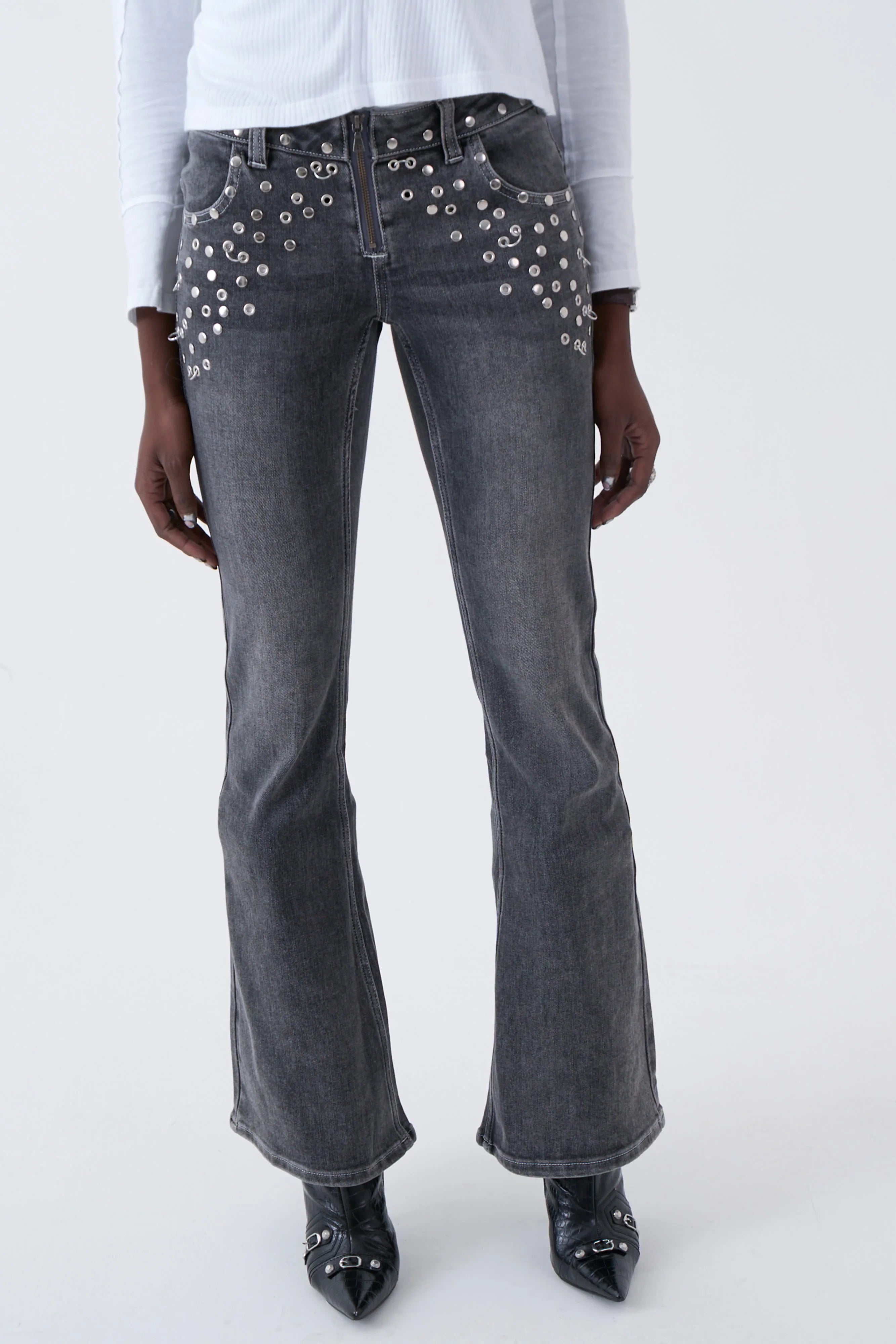 THE LOCKET GREY STUDDED BOOTCUT FLARE DENIM  - VIA THE RAGGED PRIEST | Only €99 | NOW AVAILABLE TO SHOP at IAMINHATELOVE 