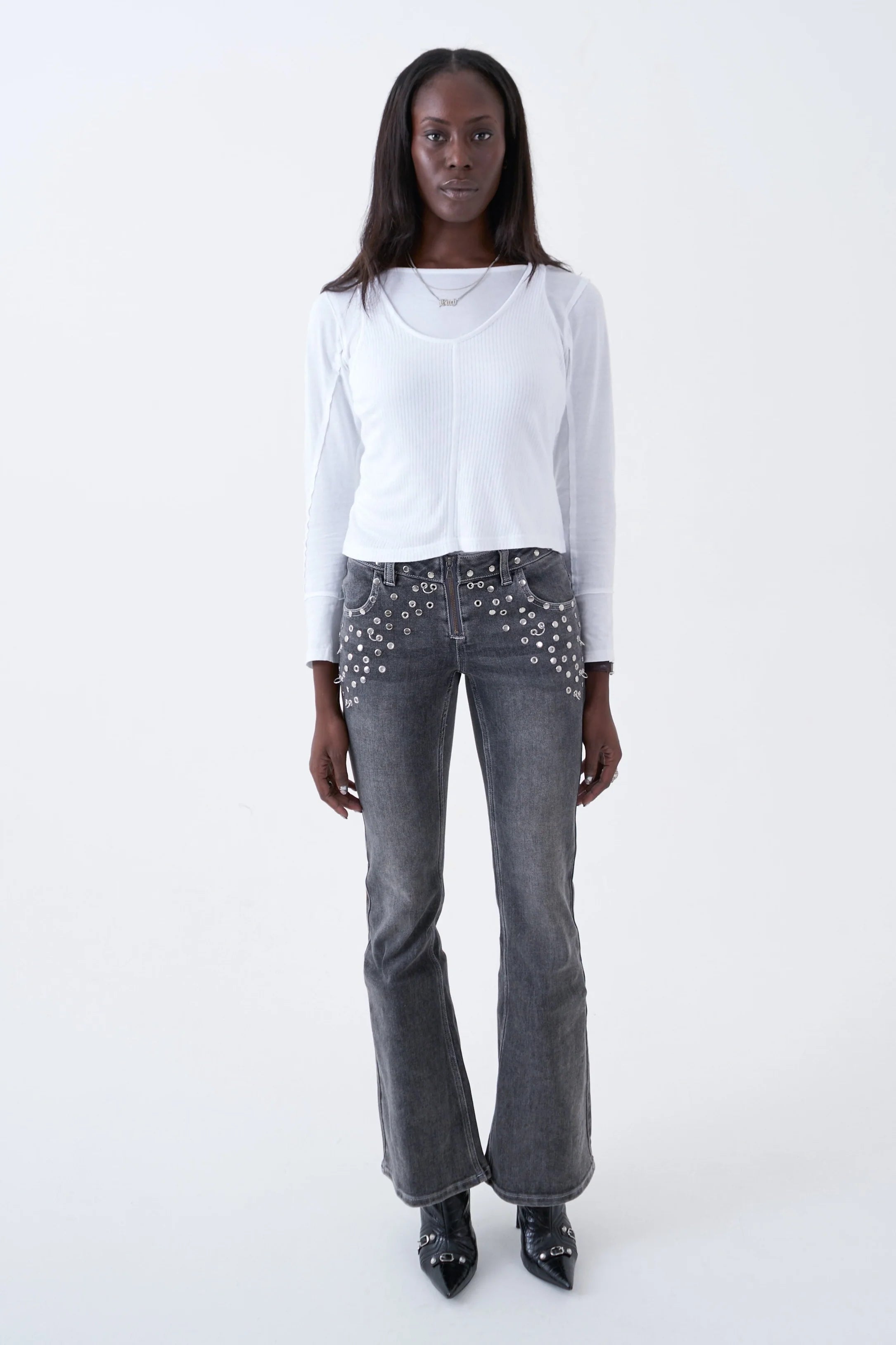 THE LOCKET GREY STUDDED BOOTCUT FLARE DENIM  - VIA THE RAGGED PRIEST | Only €99 | NOW AVAILABLE TO SHOP at IAMINHATELOVE 