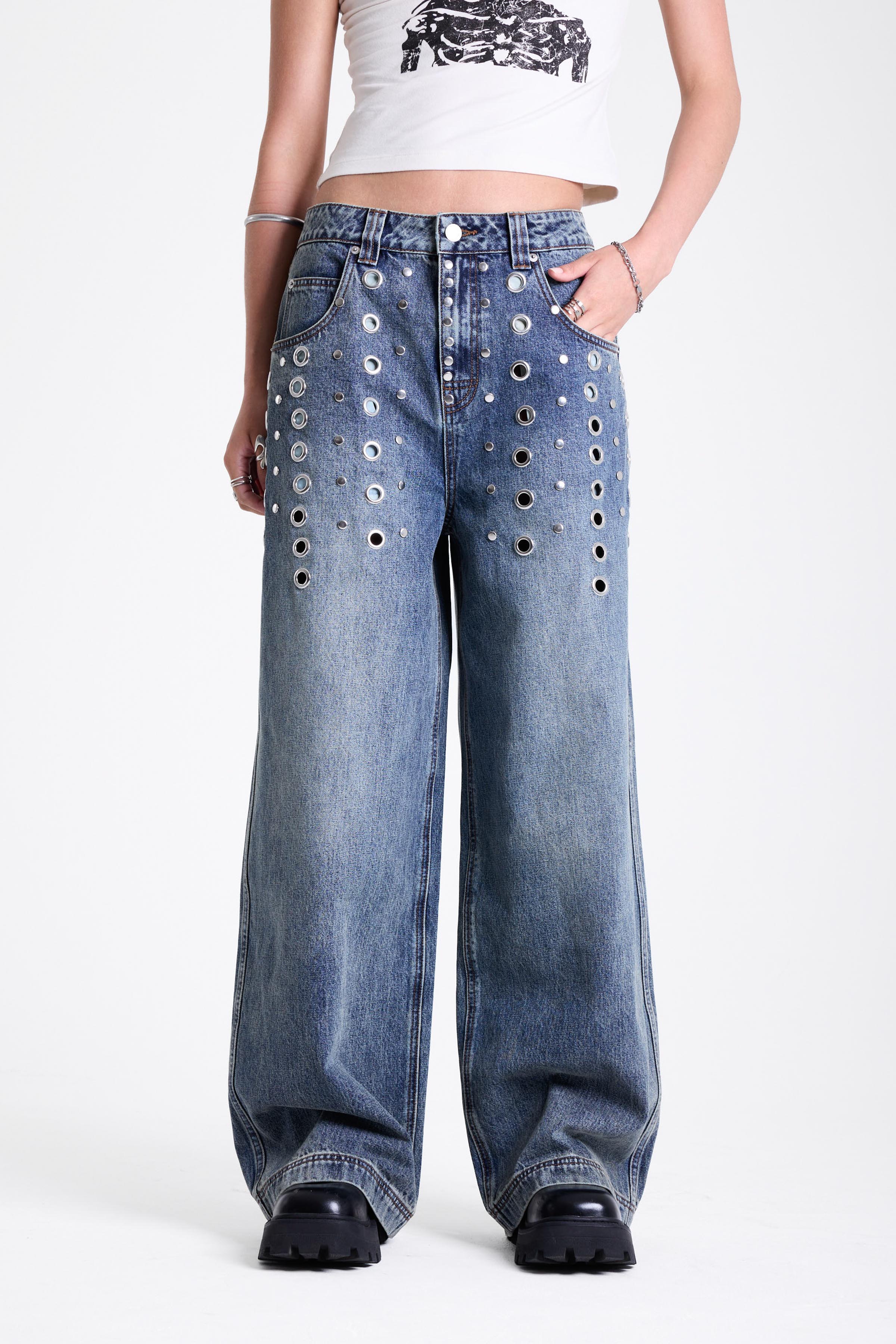 THE PUNCTURE EYELET STUDDED BAGGY DENIM  - VIA THE RAGGED PRIEST | Only €135 | NOW AVAILABLE TO SHOP at IAMINHATELOVE 