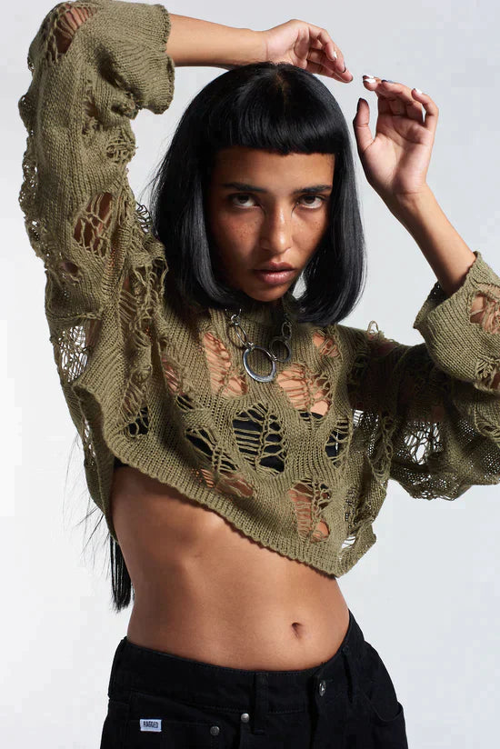 ZAP SHREDDED CROPPED KNIT - KHAKI - EXCLUSIVE Knitwear from THE RAGGED PRIEST - Just €66! SHOP NOW AT IAMINHATELOVE BOTH IN STORE FOR CYPRUS AND ONLINE WORLDWIDE @ IAMINHATELOVE.COM