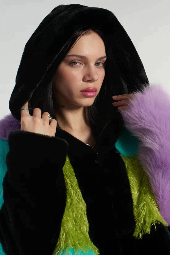 BRAT PATCHWORK FAUX FUR HOODED COAT  - VIA THE RAGGED PRIEST | Only €127 | NOW AVAILABLE TO SHOP at IAMINHATELOVE